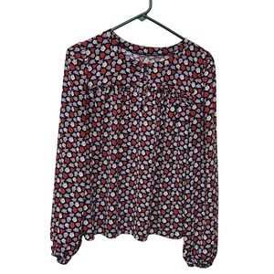 Loft Outlet Navy Blue Red Floral Ruffle Yoke Balloon Sleeve Blouse Modest Medium